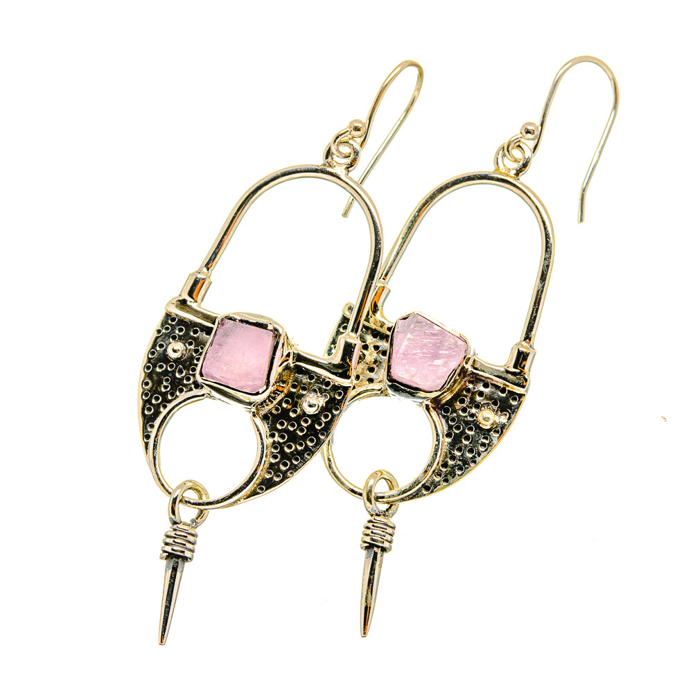 Rough rose quartz drop earrings, gold-tone settings with square pink stones