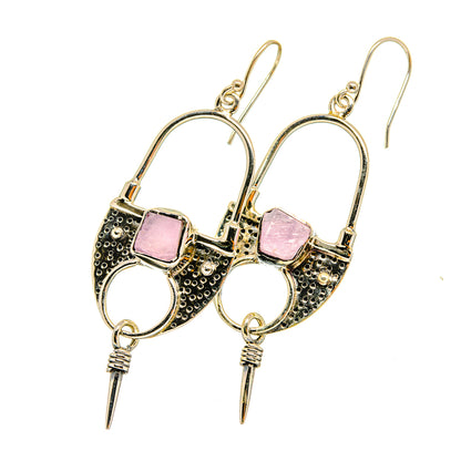 Rough rose quartz drop earrings, gold-tone settings with square pink stones