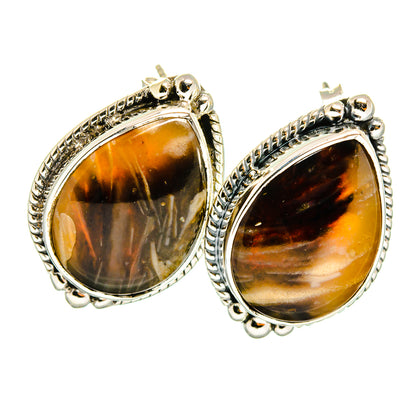 Sterling silver jasper teardrop drop earrings with orange and black mottled cabochon