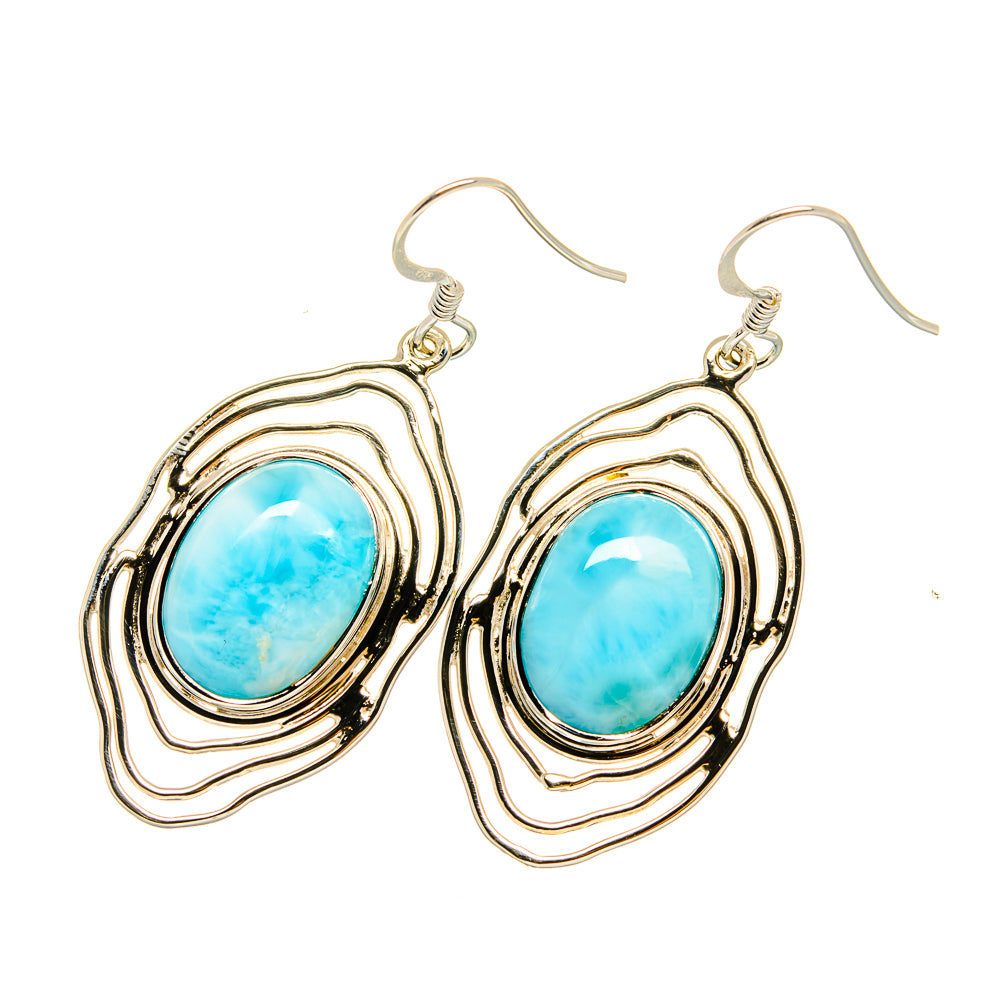 Sterling silver larimar dangle earrings, oval blue cabochon stones in stacked bezels