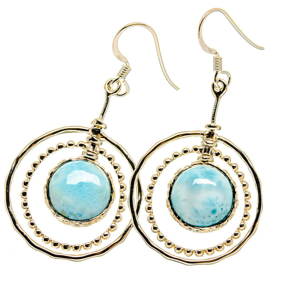 Sterling silver Larimar drop earrings, round blue stone with scalloped halo