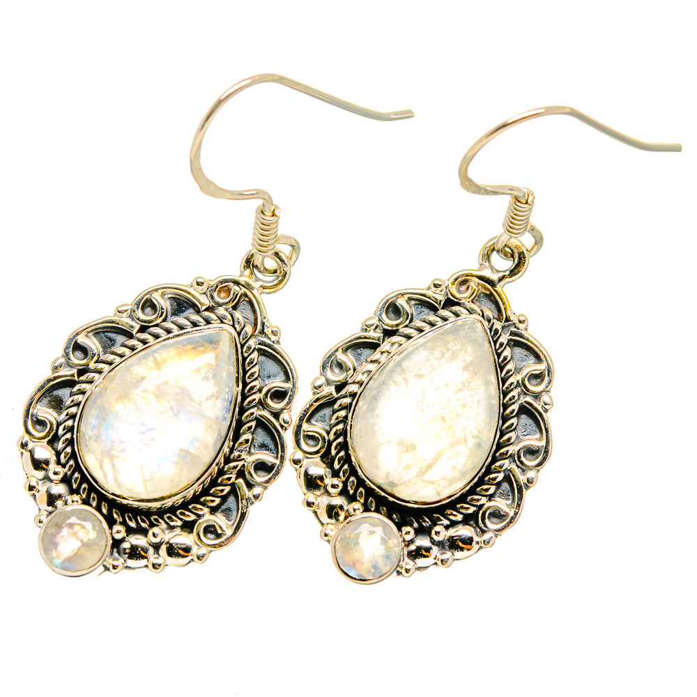 Rainbow moonstone drop earrings with oval iridescent stones in ornate silver settings
