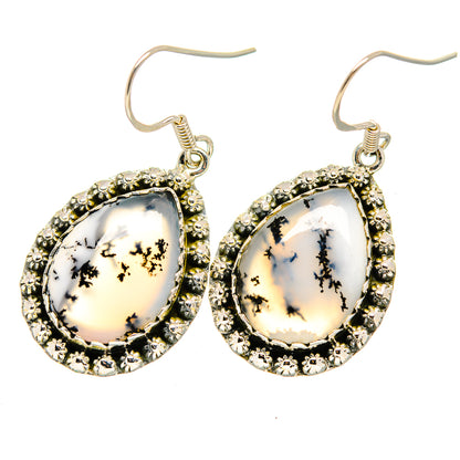 Sterling tone dendritic opal drop earrings with teardrop cabochons and dark dendrite pattern