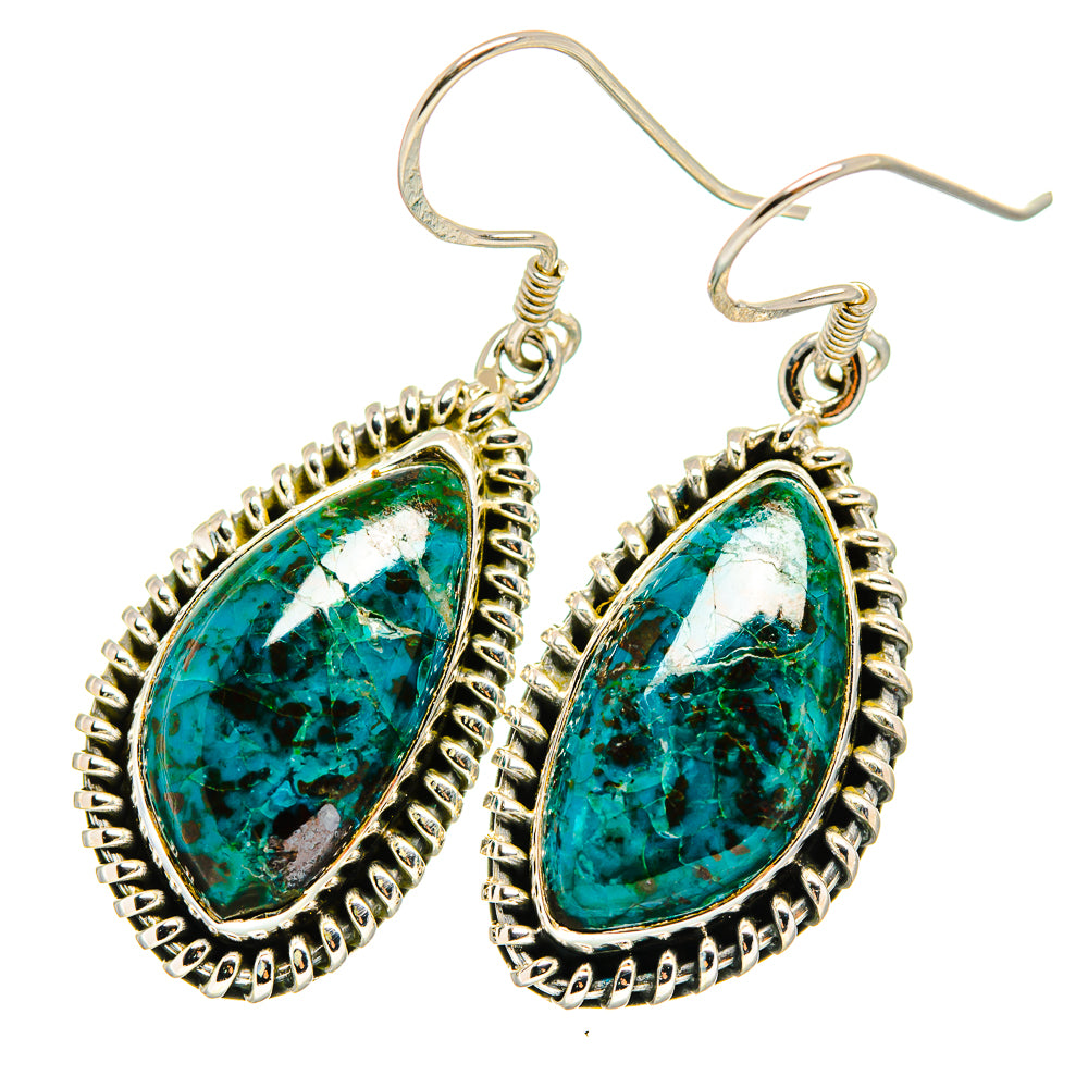 Pair of sterling silver teardrop earrings with green-blue chrysocolla stone and fishhook