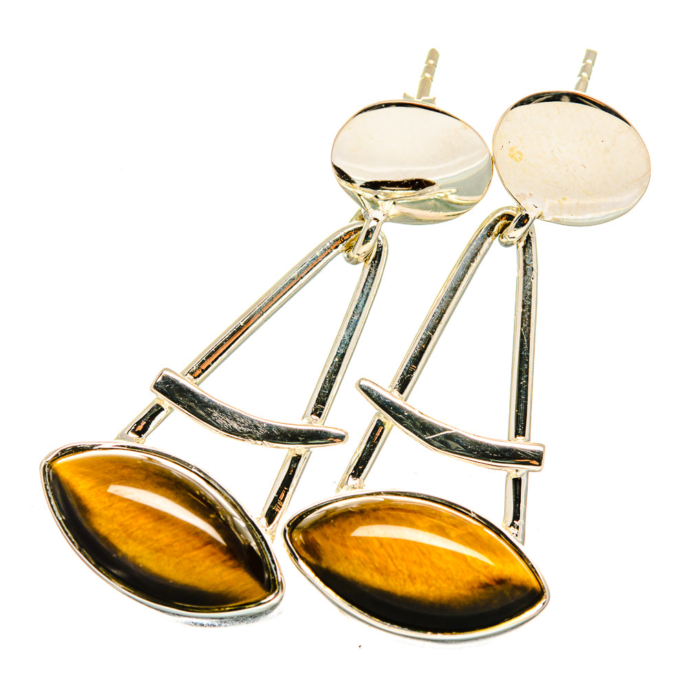 Sterling silver tiger eye drop earrings with oval amber cabochons and long curved bars