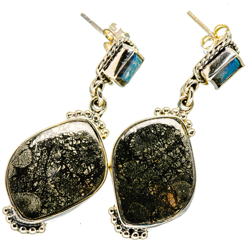Sterling silver earrings with blue square stones and textured dark teardrop drops, chain dangles