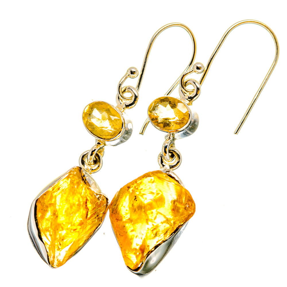 Rough citrine drop earrings, yellow textured stones, silver hooks with dangling charms