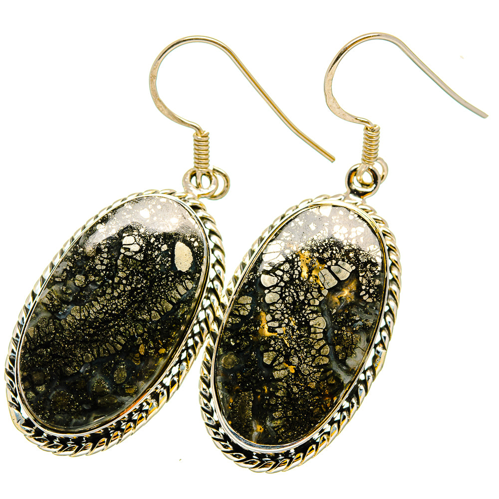 Oval pyrite agate earrings, sterling silver bezel with textured border, fishhook dangle