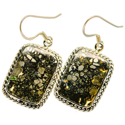 925 sterling silver pyrite agate drop earrings with black and gold glitter stone bezels