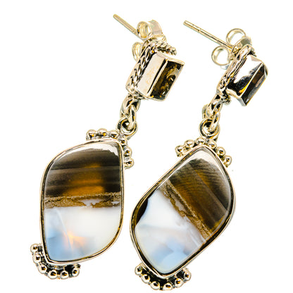 Dangle earrings with teardrop bezel-set stones, gold and white iridescence, sterling silver
