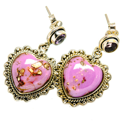 Heart-shaped pink phosphosiderite drop earrings with small purple crystal tops, gold-tone frames
