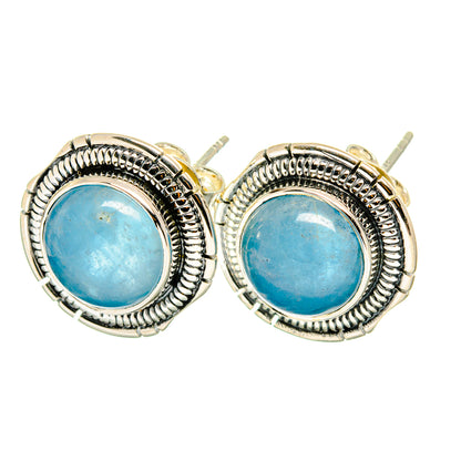 Round aquamarine stud earrings with sterling silver textured bezel and straight posts