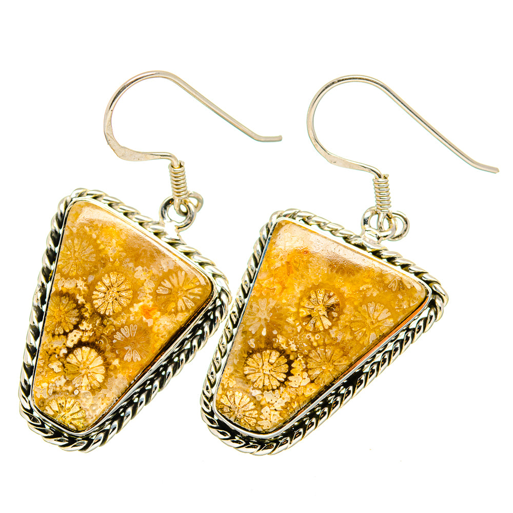 Coral dangle earrings in 925 sterling silver with amber-gold teardrop stones