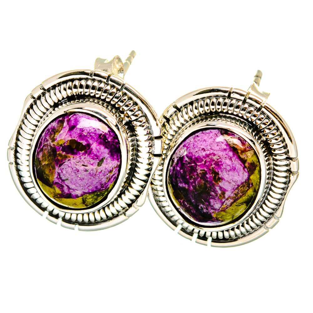 Sterling silver hoop earrings with oval purple-yellow gemstone cabochons and posts