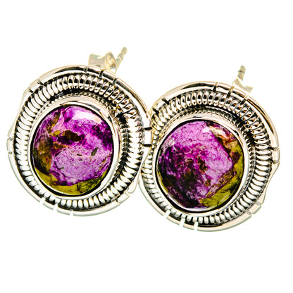 Sterling silver hoop earrings with oval purple-yellow gemstone cabochons and posts