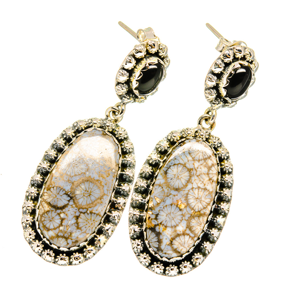 Fossil Coral, Black Onyx Earrings handcrafted by Ana Silver Co - EARR420959