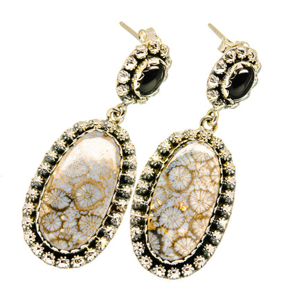 Fossil Coral, Black Onyx Earrings handcrafted by Ana Silver Co - EARR420959