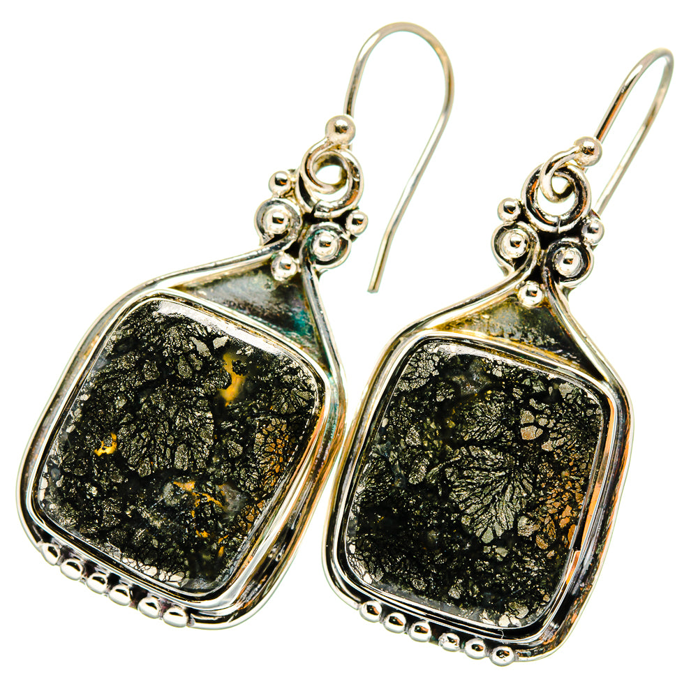 Sterling silver pyrite agate drop earrings with ornate bezel and dark speckled square-corner stones
