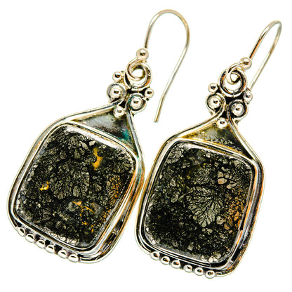 Sterling silver pyrite agate drop earrings with ornate bezel and dark speckled square-corner stones