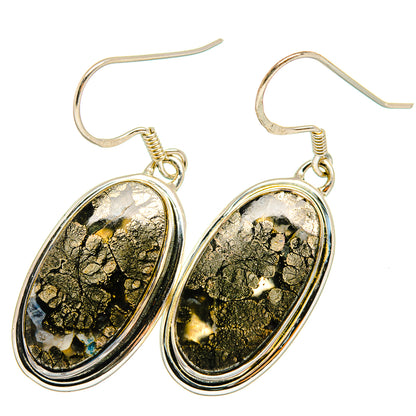 Pyrite agate earrings in oval silver settings with fishhook backs, gold and black stone