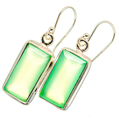 Rectangle prehnite earrings, green stones in 925 silver with hook dangles