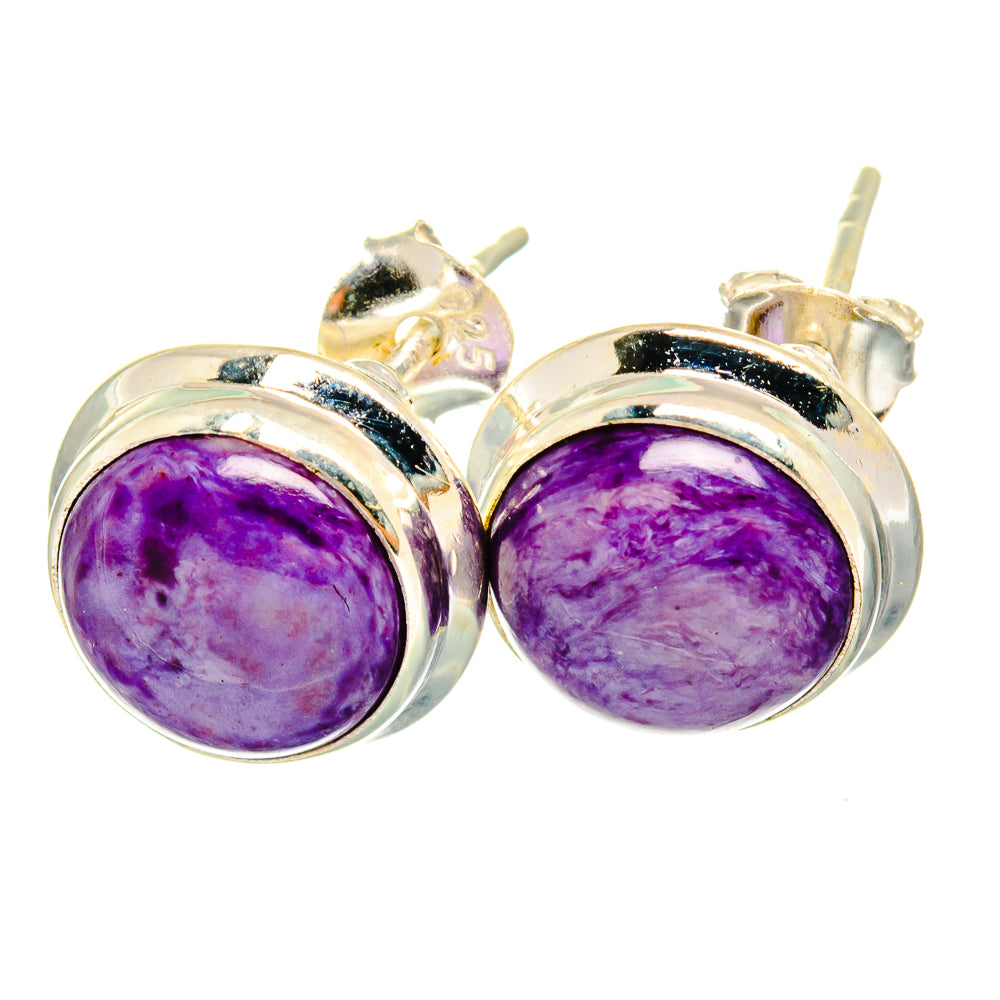 Sterling silver charoite stud earrings with purple oval cabochon stones