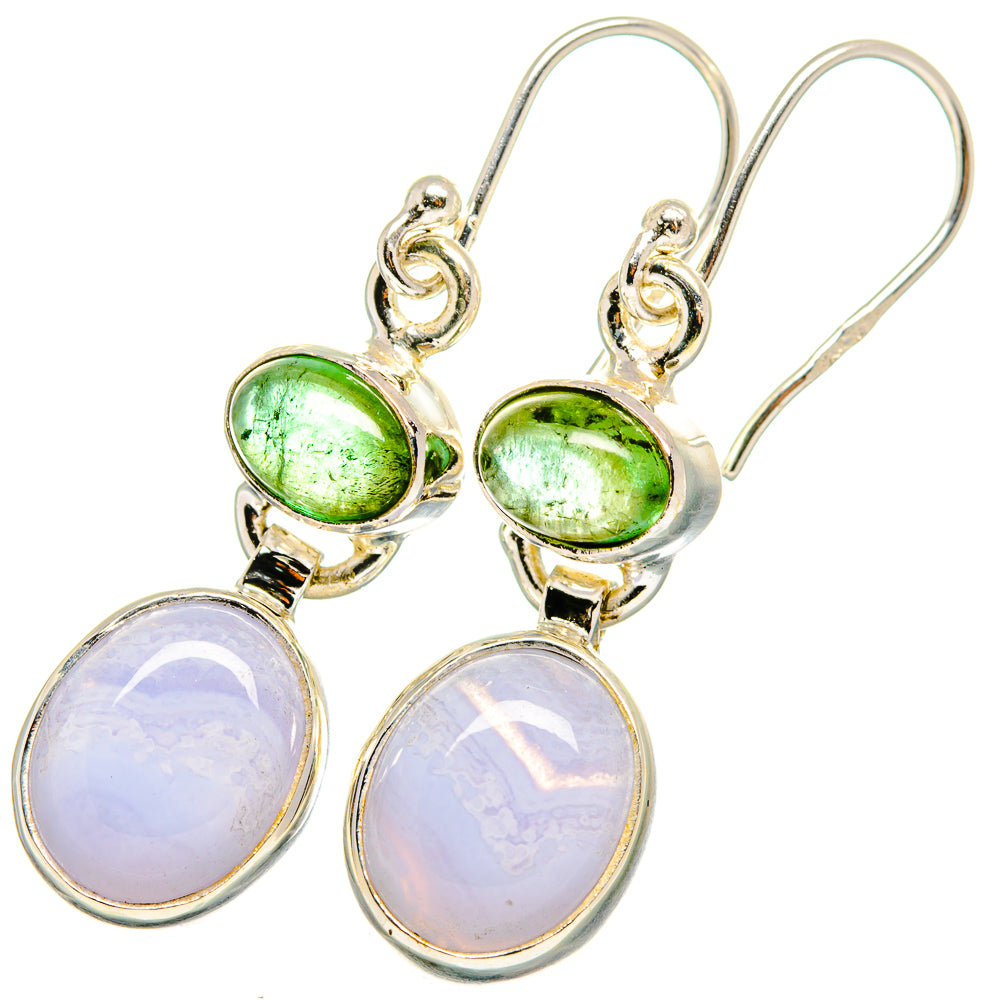 Sterling silver drop earrings with green peridot top and white-lavender lace agate