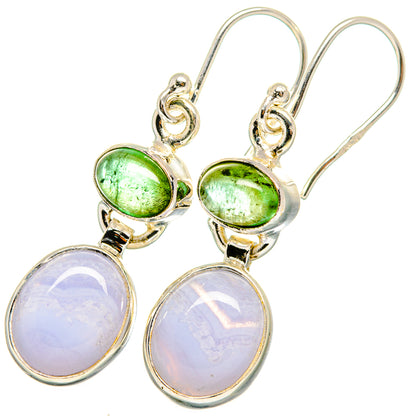 Sterling silver drop earrings with green peridot top and white-lavender lace agate