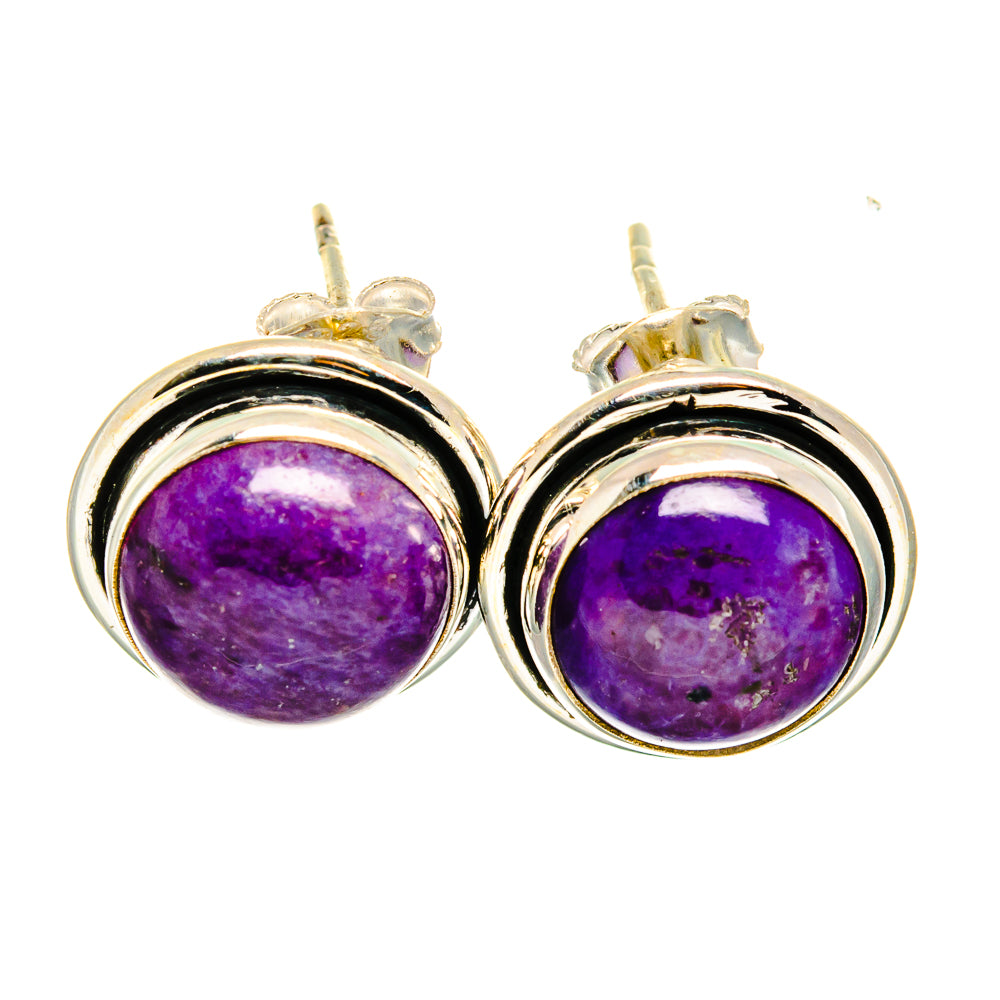 Round sterling silver earrings with purple gemstone cabochon bezel settings