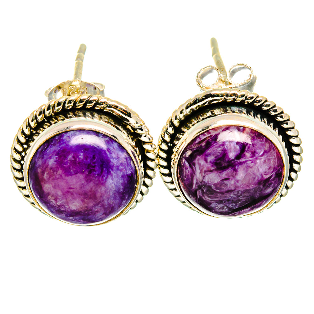 Oval purple cabochon drop earrings with textured bezel and French hook backs