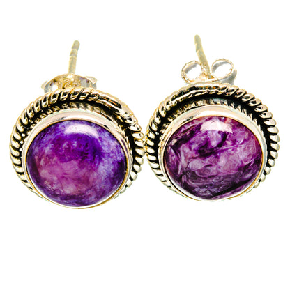 Oval purple cabochon drop earrings with textured bezel and French hook backs