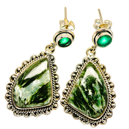 Green round-and-teardrop gemstone drop earrings with ornate silver-tone settings