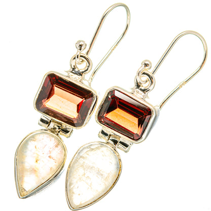 925 sterling silver earrings with red square stones and white teardrop moonstone drops