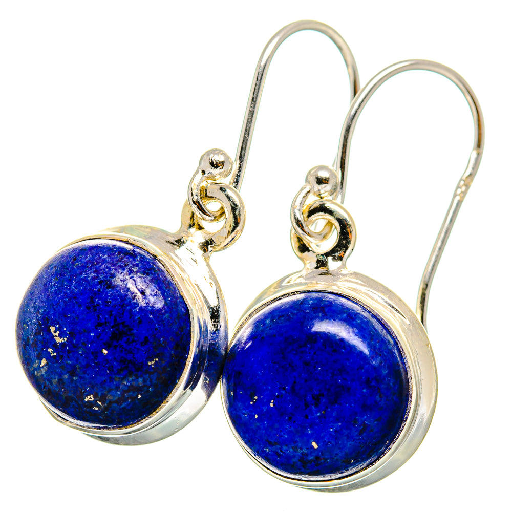 Round blue lapis lazuli earrings on silver lever hooks, dangling stone charms