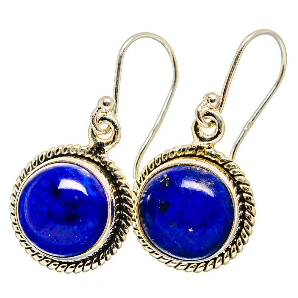 Sterling silver lapis lazuli cabochon drop earrings, round blue stone with ornate bezel