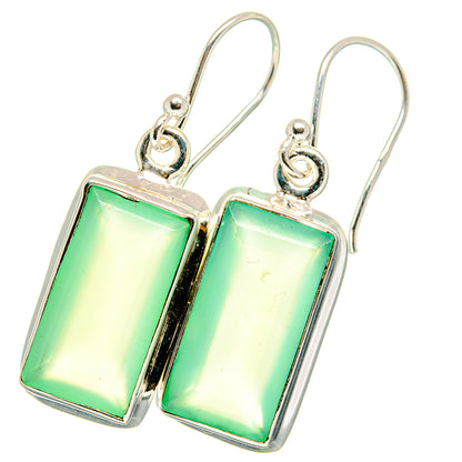 Sterling silver dangle earrings with two rectangular green chalcedony stones and hooks