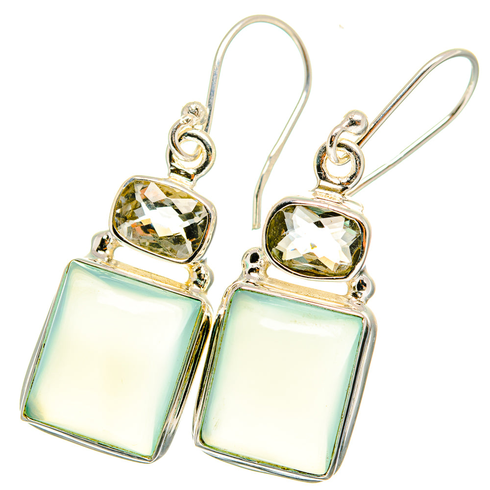 Sterling silver dangle earrings with faceted yellow-green stone and square mint centers
