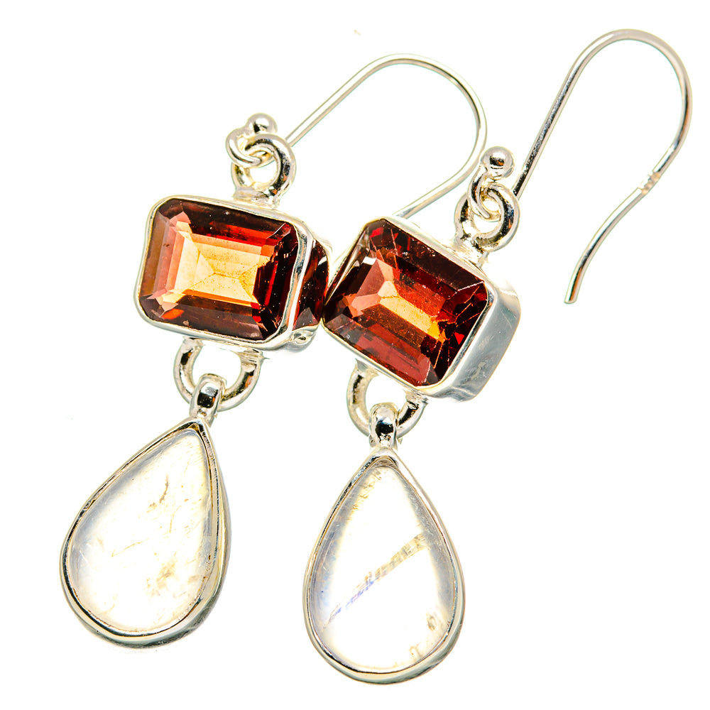 Garnet and moonstone drop earrings with red square stones and silver teardrop dangles