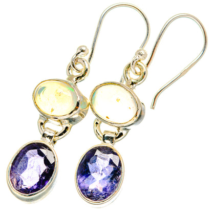 Gold-tone sterling silver earrings with round opal tops and purple faceted drops