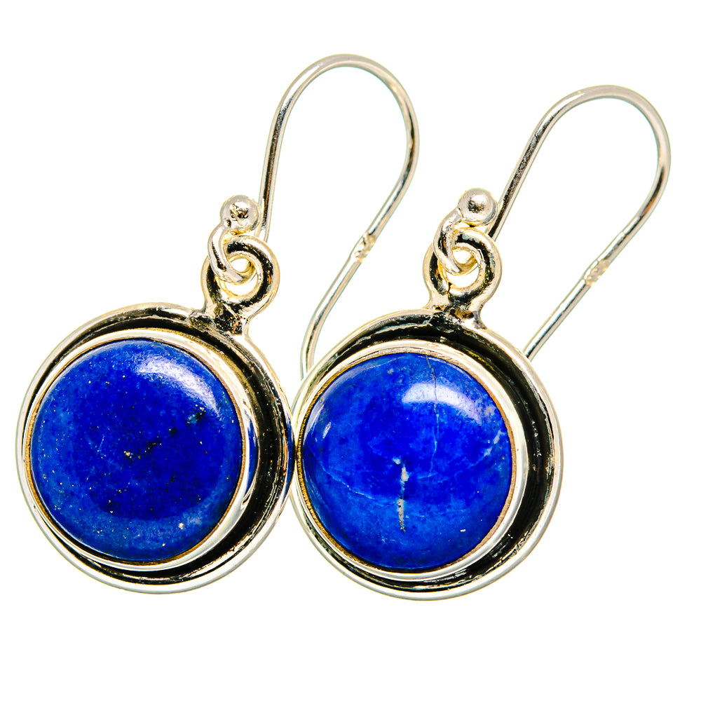 Round lapis lazuli drop earrings with silver lever hooks, blue stone set in bezel