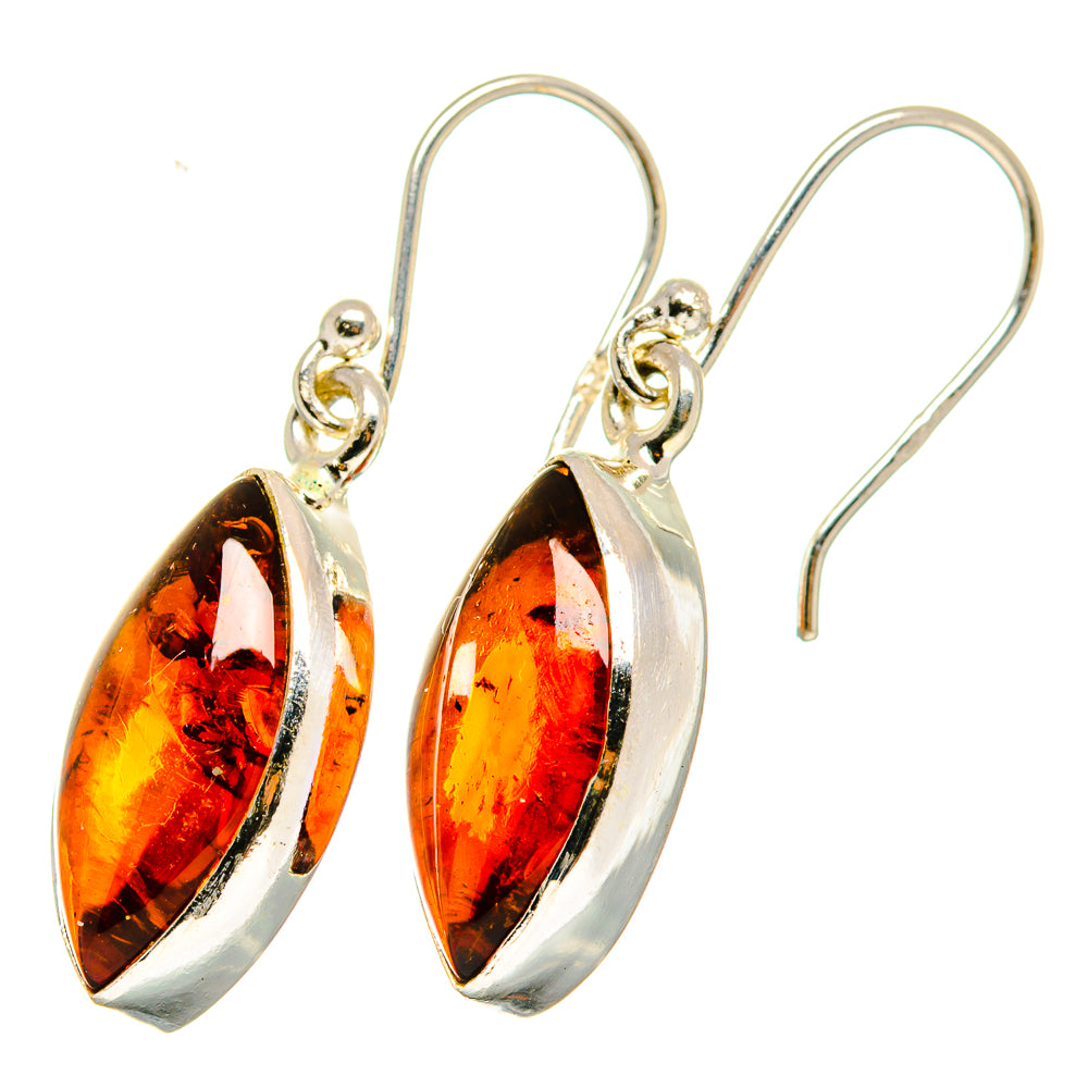 Amber and sterling silver teardrop drop earrings with curved hook backs