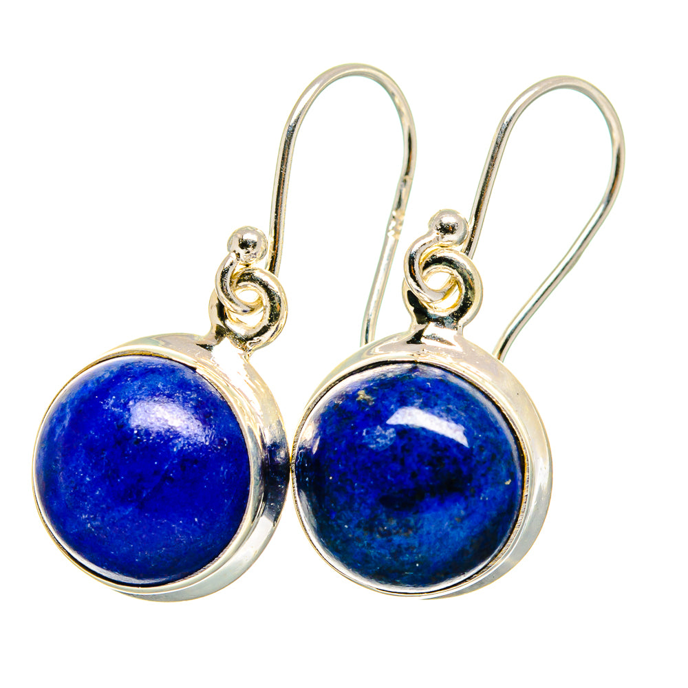 Sterling silver drop earrings with round blue lapis cabochons and fishhook backs