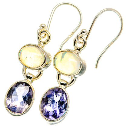 925 sterling silver earrings with oval opal and faceted oval purple gemstones, hooks