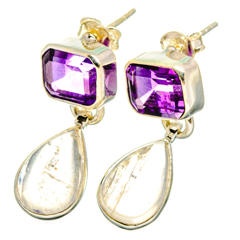 Sterling silver amethyst square earrings with teardrop rainbow moonstone dangles