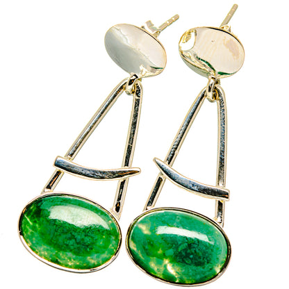 Sterling silver drop earrings with oval green gemstone and curved bar accents