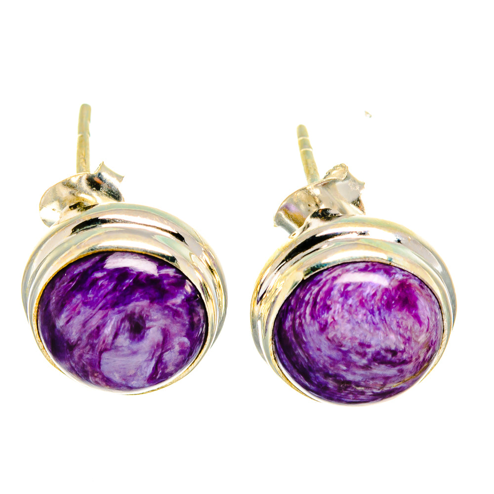Purple charoite cabochon stud earrings in polished 925 sterling silver, pair