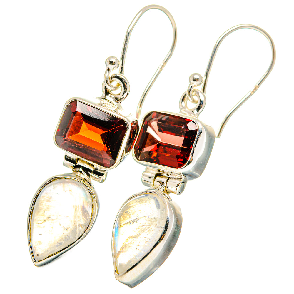 Silver hook earrings with red rectangular stones and pear-shaped opalescent drops