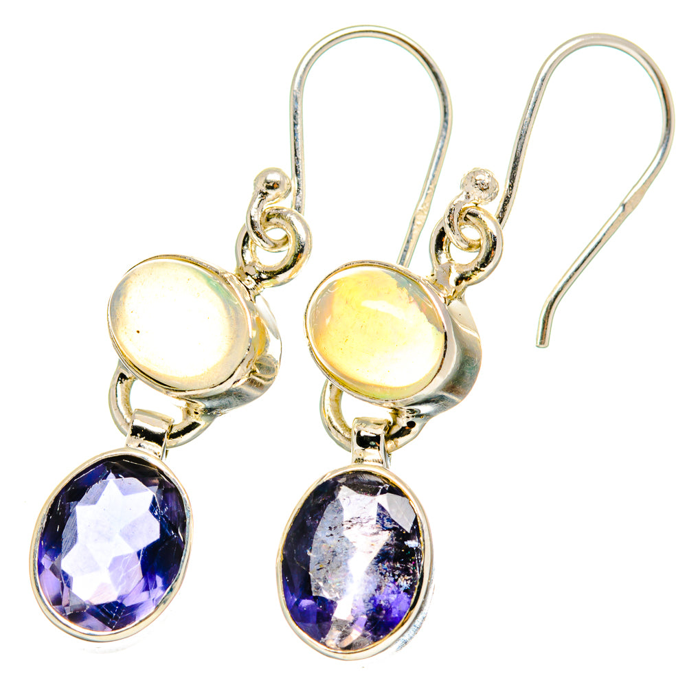 Gold-tone drop earrings with round light opal and faceted deep purple teardrop stones