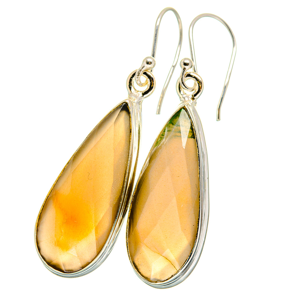 Teardrop moss agate earrings, 925 sterling silver, green and amber stone drops