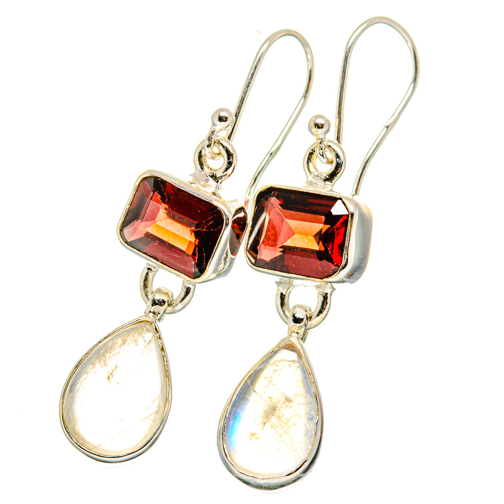 Sterling silver drop earrings with red square garnet and pear-shaped rainbow moonstone